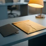 Verzegelde manila envelop met scheur op modern bureau, naast Nederlandse regelgevingsmap, verlicht door amberkleurige bureaulamp.