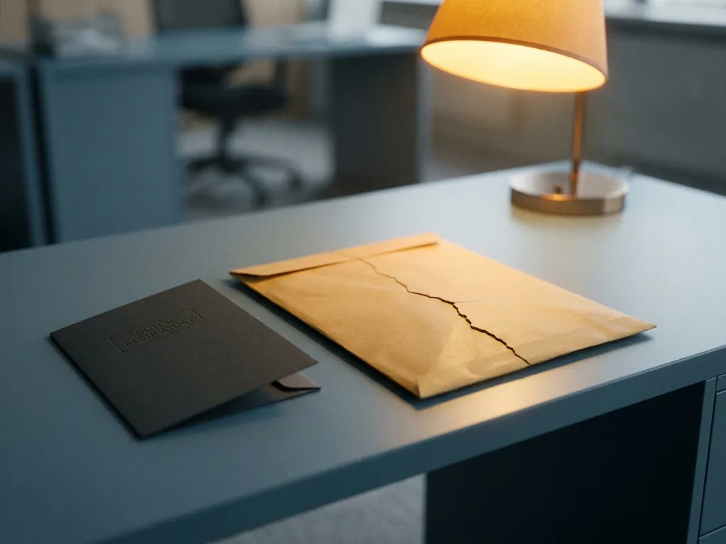 Verzegelde manila envelop met scheur op modern bureau, naast Nederlandse regelgevingsmap, verlicht door amberkleurige bureaulamp.