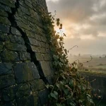 Verweerde stenen vestingmuur met diepe scheuren, groene klimplant die omhooggroeit door de barsten, mistig Nederlands landschap op de achtergrond.