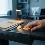 Hand die een gloeiende vingerafdrukscanner indrukt op donker bureau, met geopende documentenmap ernaast, moderne beveiligde kantooromgeving.
