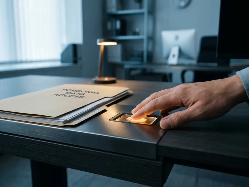 Hand die een gloeiende vingerafdrukscanner indrukt op donker bureau, met geopende documentenmap ernaast, moderne beveiligde kantooromgeving.