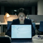 Kantoormedewerker bekijkt verdachte phishing-e-mail op laptop in donkere werkruimte, koffiekopje en toegangspas op bureau.