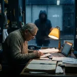 Kleine winkeleigenaar aan een rommelig houten bureau verlicht door bureaulamp, met vage schaduwfiguur zichtbaar in donker raam op achtergrond.