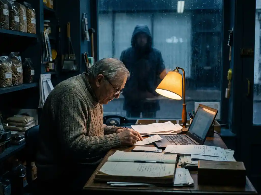 Kleine winkeleigenaar aan een rommelig houten bureau verlicht door bureaulamp, met vage schaduwfiguur zichtbaar in donker raam op achtergrond.