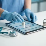 Zorgprofessional beveiligt digitaal tablet met patiëntgegevens, stethoscoop en hangslot op wit klinisch oppervlak.