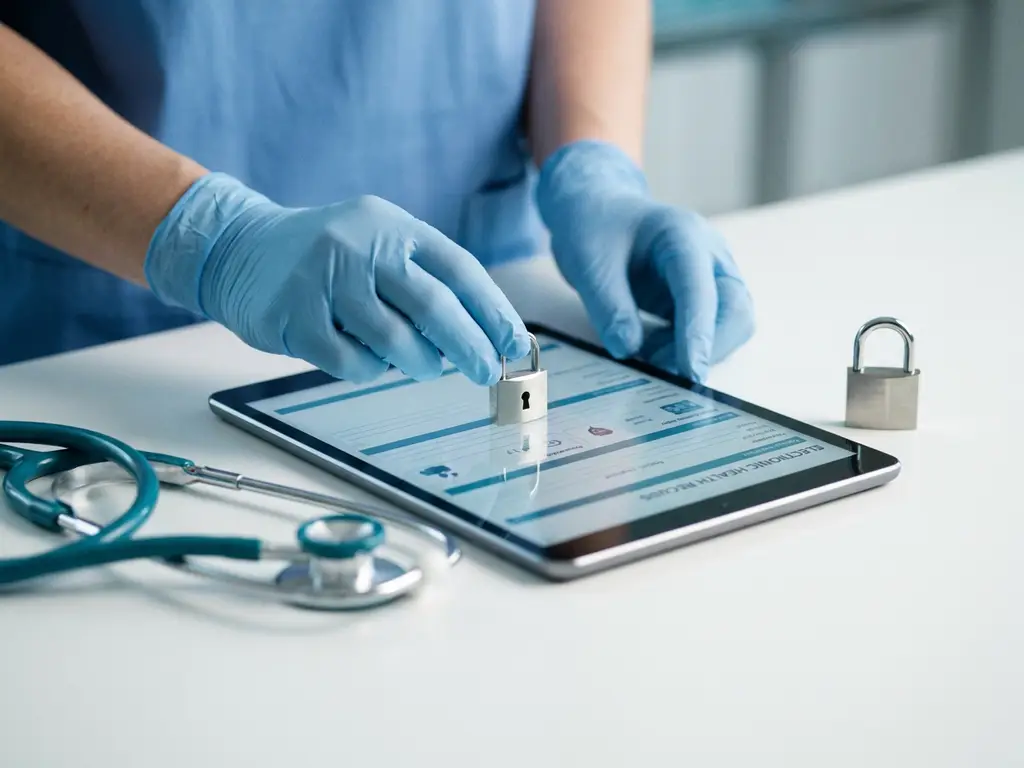 Zorgprofessional beveiligt digitaal tablet met patiëntgegevens, stethoscoop en hangslot op wit klinisch oppervlak.
