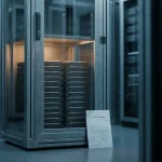 Beveiligde serverruimte met backup-drives in versterkte glazen kast, verlicht door amber licht, naast EU-regelgevingsdocument.