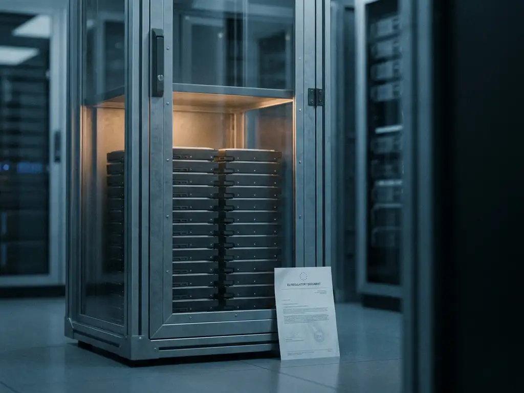 Beveiligde serverruimte met backup-drives in versterkte glazen kast, verlicht door amber licht, naast EU-regelgevingsdocument.