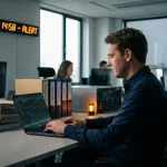Beveiligingsanalist documenteert cyberincident op laptop in Nederlands kantoor, met compliance-mappen en oranje waarschuwingslicht.