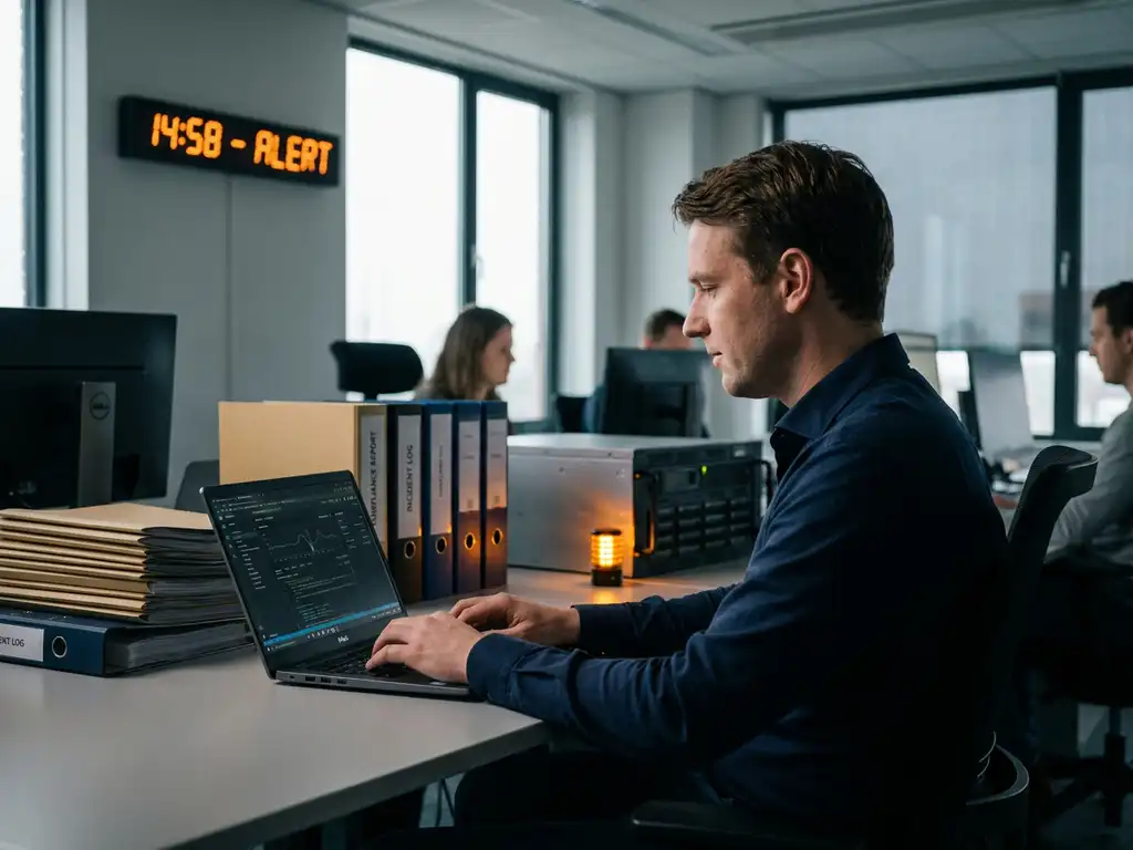 Beveiligingsanalist documenteert cyberincident op laptop in Nederlands kantoor, met compliance-mappen en oranje waarschuwingslicht.