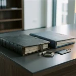 Twee officiële ordners naast elkaar op een modern bureau met beveiligingsbadge en ethernetkabel, symboliserend compliance-frameworks.