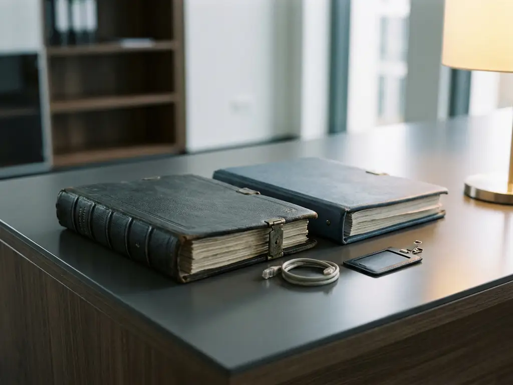 Twee officiële ordners naast elkaar op een modern bureau met beveiligingsbadge en ethernetkabel, symboliserend compliance-frameworks.