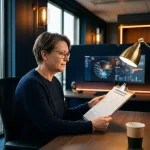 Cybersecurity-analist in modern kantoor bekijkt incidentrapportformulier op klembord, met netwerkdashboard op monitor op de achtergrond.