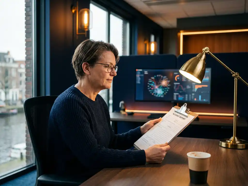 Cybersecurity-analist in modern kantoor bekijkt incidentrapportformulier op klembord, met netwerkdashboard op monitor op de achtergrond.
