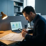 Cybersecurity consultant bestudeert een compliance-auditdocument aan een modern bureau met laptop op de achtergrond.