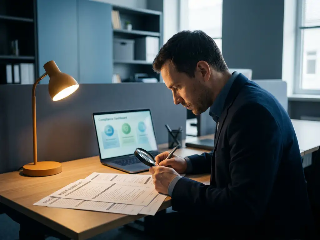 Cybersecurity consultant bestudeert een compliance-auditdocument aan een modern bureau met laptop op de achtergrond.