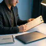 Cybersecurityconsultant controleert nalevingschecklist op klembord aan modern bureau met EU-regelgeving document, warm lamplicht.