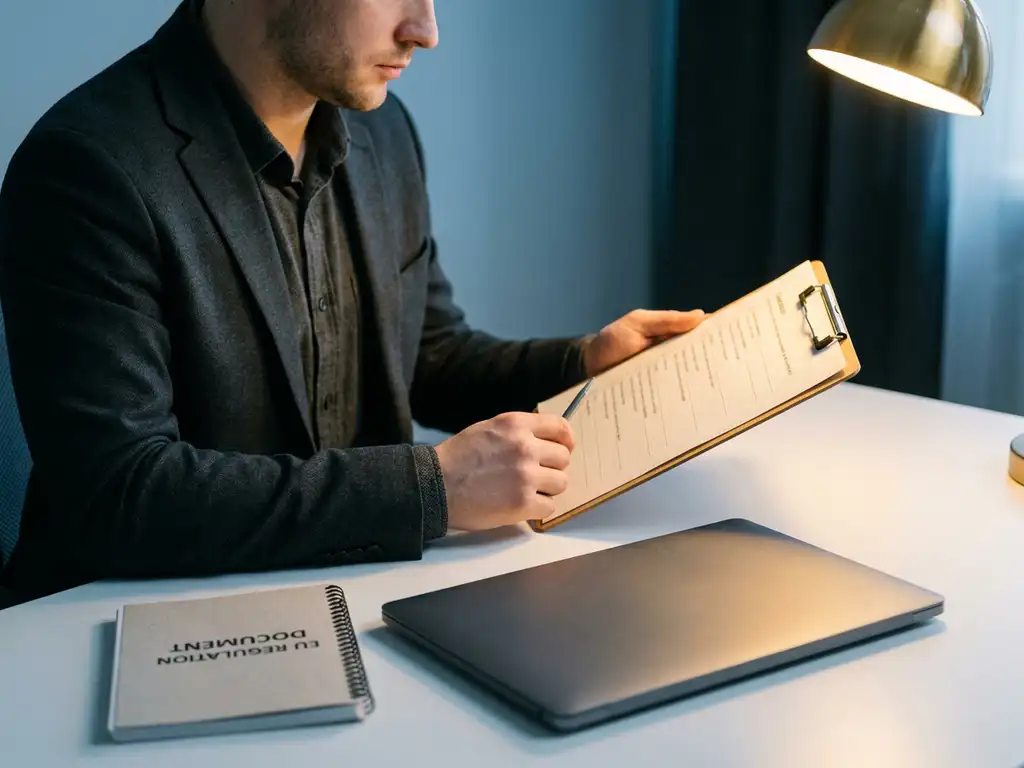 Cybersecurityconsultant controleert nalevingschecklist op klembord aan modern bureau met EU-regelgeving document, warm lamplicht.