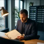 Cybersecurityprofessional controleert nalevingschecklist op klembord in modern Nederlands kantoor met serverinfrastructuur op de achtergrond.