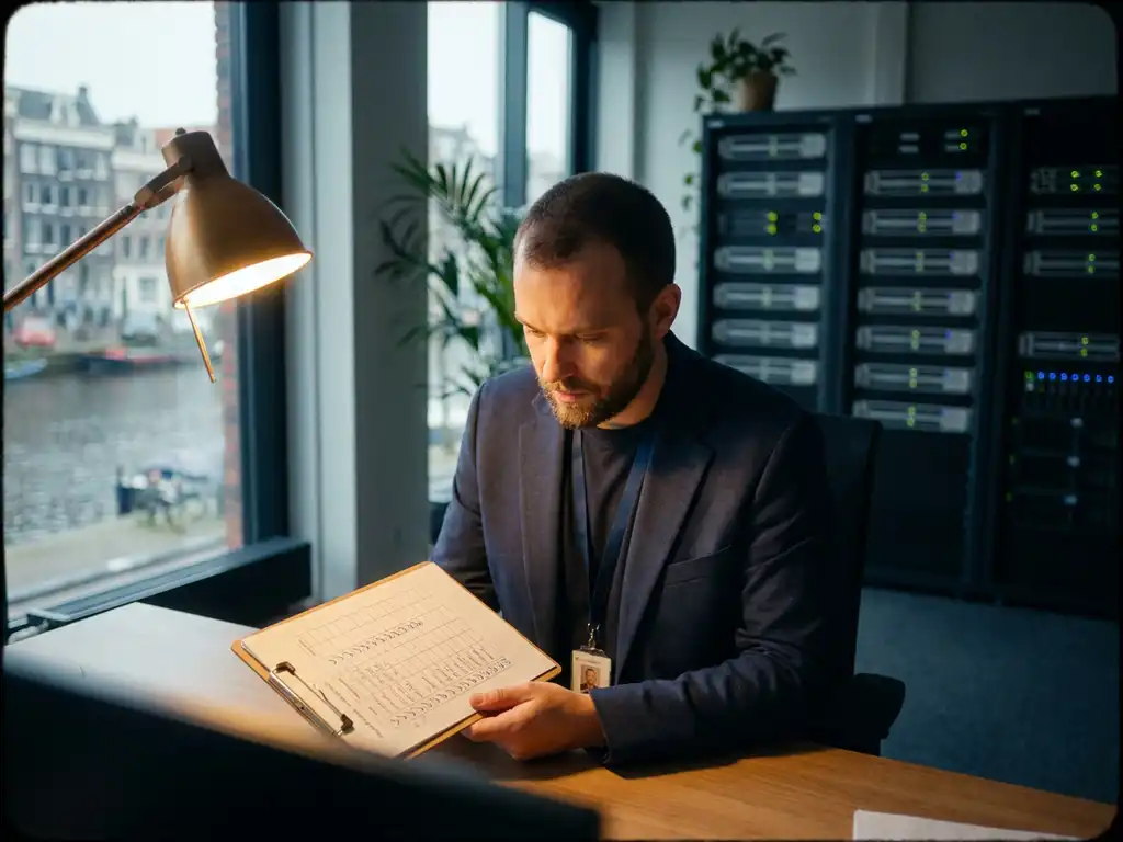 Cybersecurityprofessional controleert nalevingschecklist op klembord in modern Nederlands kantoor met serverinfrastructuur op de achtergrond.