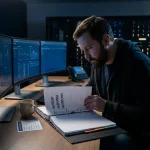 Cybersecurityspecialist in donker operatiecentrum met incidentresponse-binder, blauwe monitorgloed en noodprotocol-checklist op bureau.