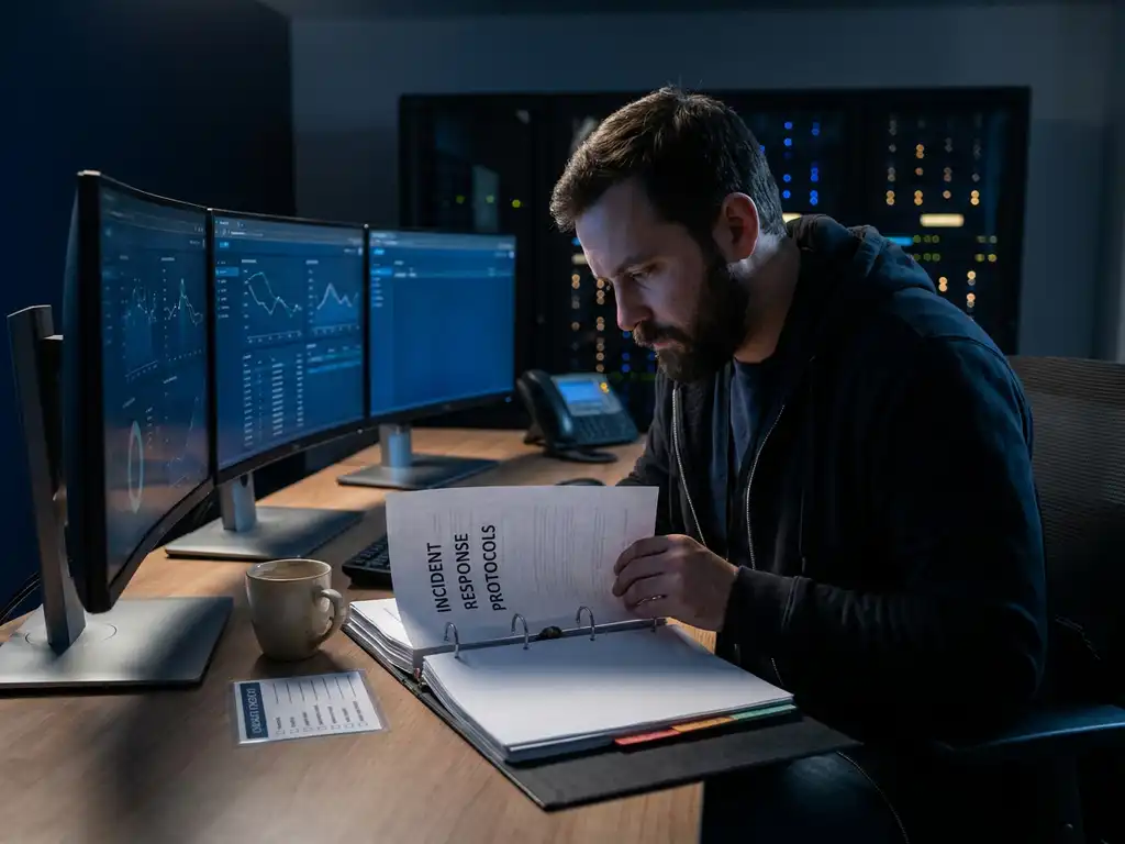 Cybersecurityspecialist in donker operatiecentrum met incidentresponse-binder, blauwe monitorgloed en noodprotocol-checklist op bureau.