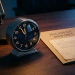 Analoog horloge met wijzers nabij deadline-uur op donker bureau naast open incidentrapport, dramatisch zijlicht.