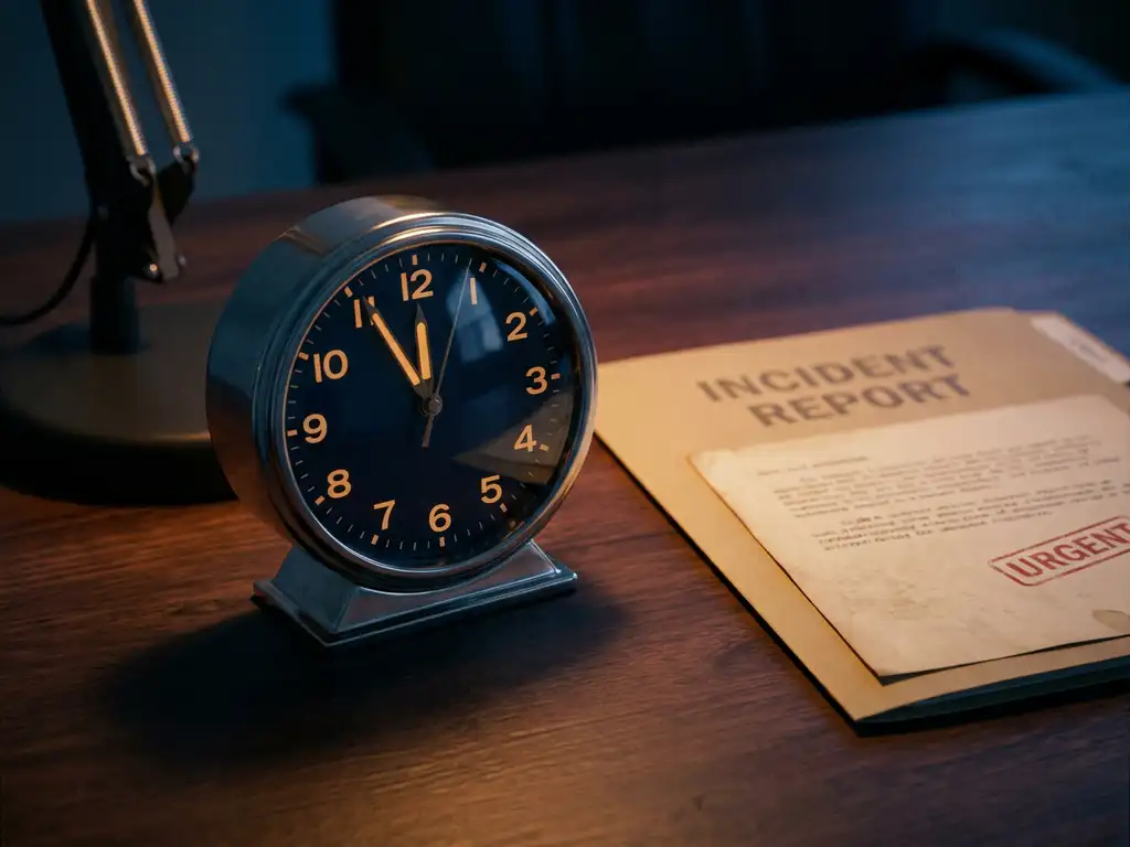 Analoog horloge met wijzers nabij deadline-uur op donker bureau naast open incidentrapport, dramatisch zijlicht.