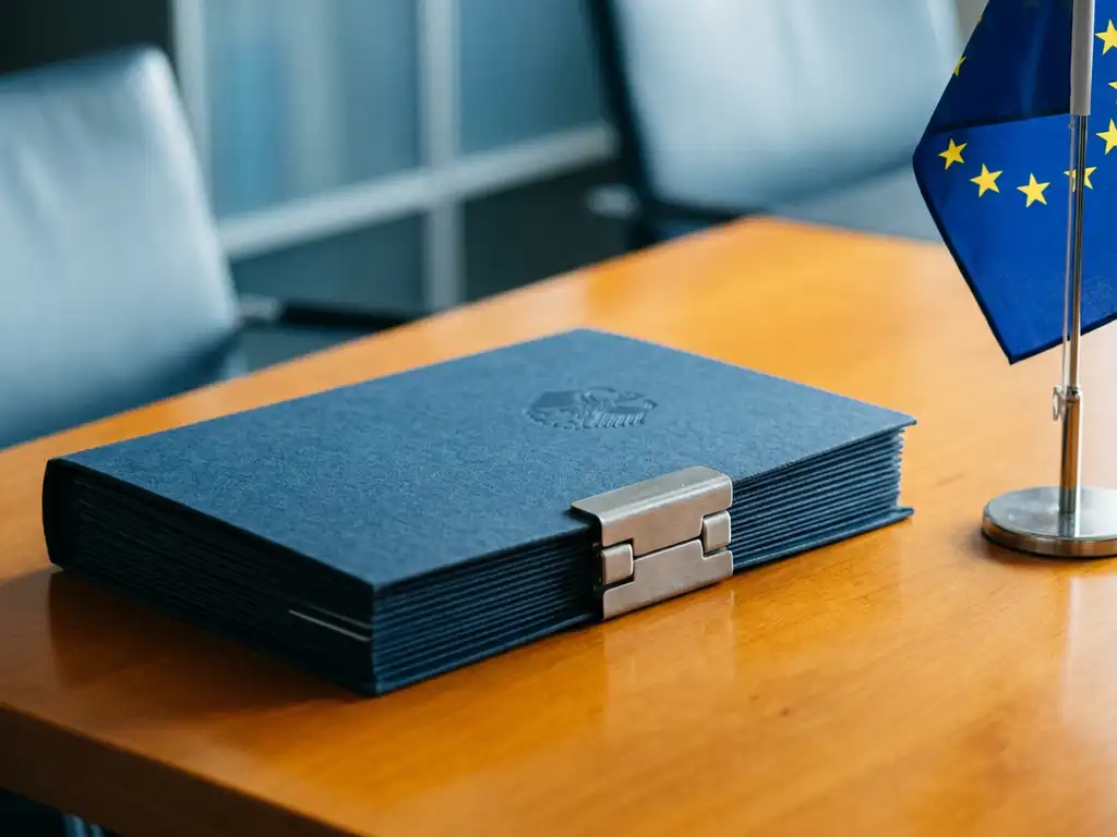 Gesloten overheids­compliance­map met metalen sluiting op modern bureau naast een EU-vlag, koele blauwtinten en warm amberkleurig licht.