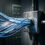 Glasvezelkabels bundelen zich in een stalen koppelpunt op een serverruimtemuur, verlicht met dramatisch zijlicht en amberkleurige accenten.