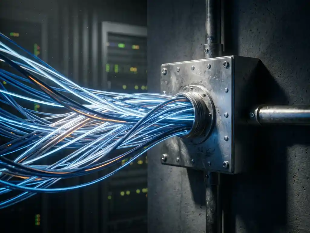 Glasvezelkabels bundelen zich in een stalen koppelpunt op een serverruimtemuur, verlicht met dramatisch zijlicht en amberkleurige accenten.