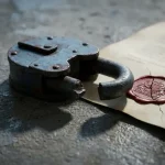 Gebarsten ijzeren hangslot op beton boven officieel juridisch document met rood lakzegel, dramatische zijverlichting.