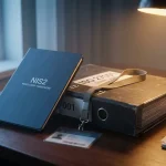 ISO 27001-nalevingsbinder en NIS2-regelgevingsdocument op donker bureau met beveiligingslanyard.