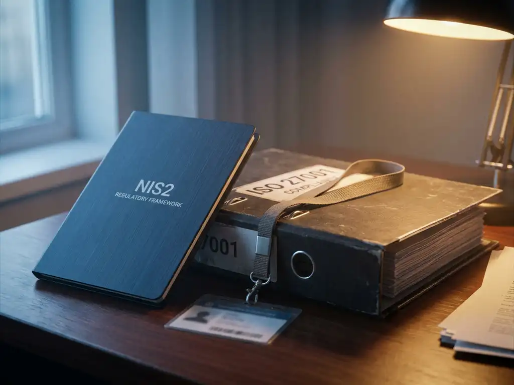 ISO 27001-nalevingsbinder en NIS2-regelgevingsdocument op donker bureau met beveiligingslanyard.