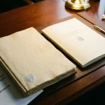 Twee openliggende juridische documenten op een donker bureau, één met schildembleem en één met slotpictogram, cybersecurity-auditrapport zichtbaar eronder.