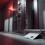 Zware stalen kluisdeur op een kier in betonnen gang, rood waarschuwingslicht en officieel document dat uit een koffertje glijdt.