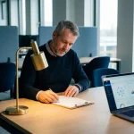 Beveiligingsprofessional controleert leveranciers compliance checklist op klembord naast laptop met netwerkaudit dashboard in modern kantoor.