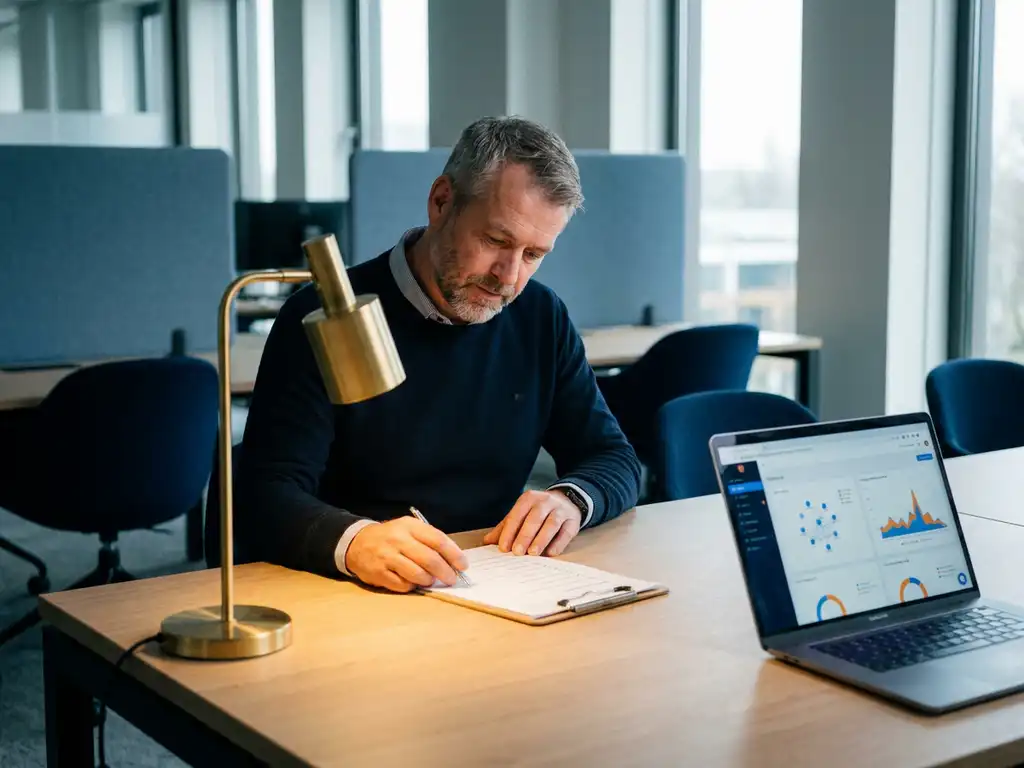 Beveiligingsprofessional controleert leveranciers compliance checklist op klembord naast laptop met netwerkaudit dashboard in modern kantoor.