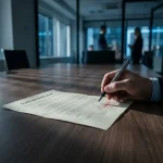 Hand met pen aarzelt boven ongetekend leverancierscontract op vergadertafel, rood waarschuwingsstempel zichtbaar, dramatische zijverlichting.