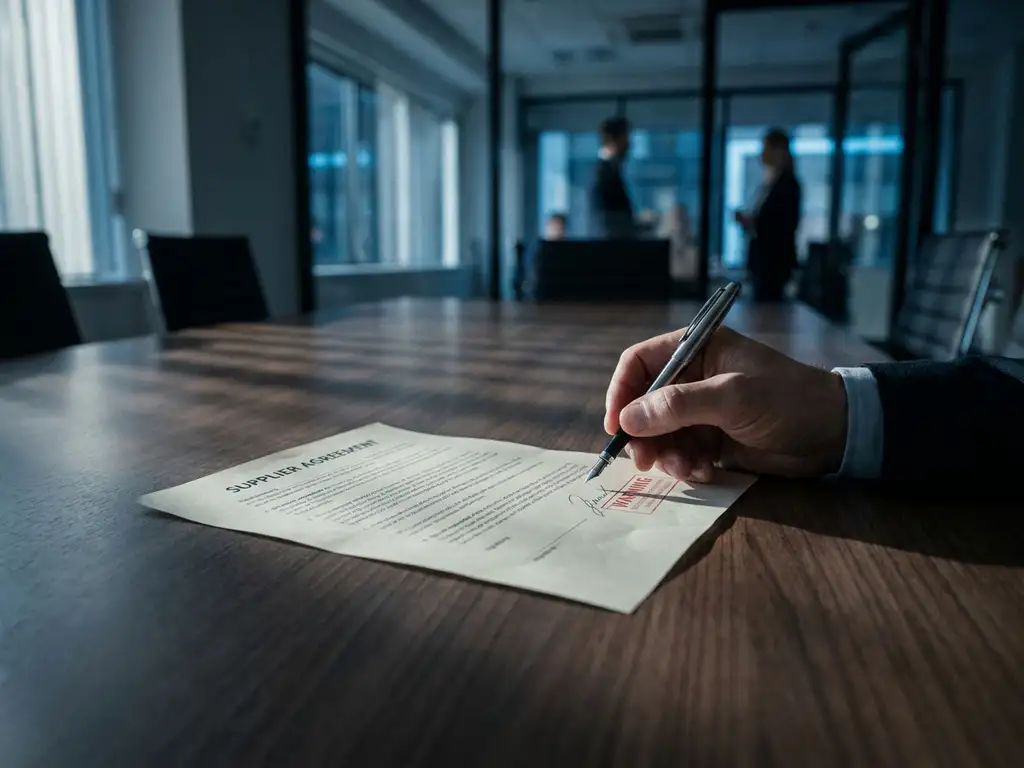 Hand met pen aarzelt boven ongetekend leverancierscontract op vergadertafel, rood waarschuwingsstempel zichtbaar, dramatische zijverlichting.