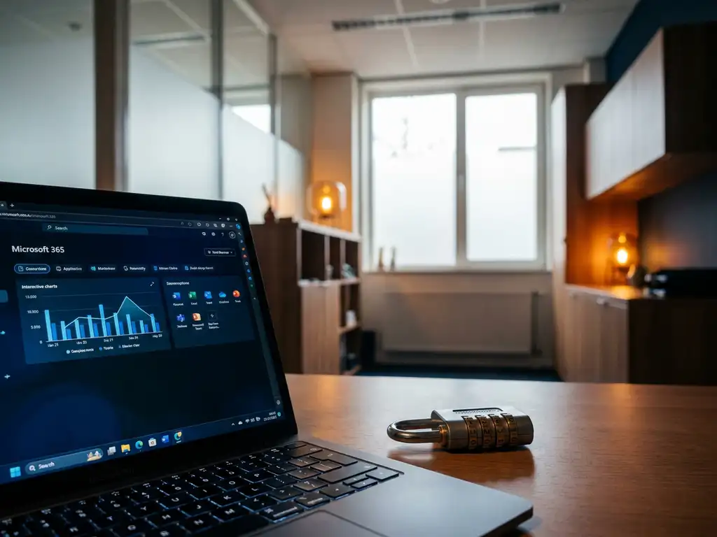 Laptop met Microsoft 365-dashboard op bureau in modern Nederlands kantoor, met cijferslot als symbool voor compliance en gegevensbeveiliging.