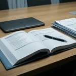 Compliance-dossier met auditdocumenten en checklists op vergadertafel, naast gesloten laptop en pen.