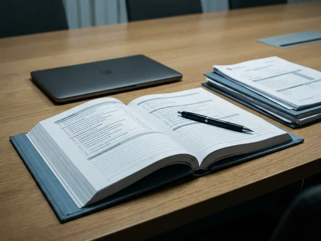 Compliance-dossier met auditdocumenten en checklists op vergadertafel, naast gesloten laptop en pen.