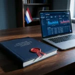 Officieel nalevingsdocument met rood zegel op donker bureau naast laptop met beveiligingsdashboard, Nederlandse vlag op achtergrond.