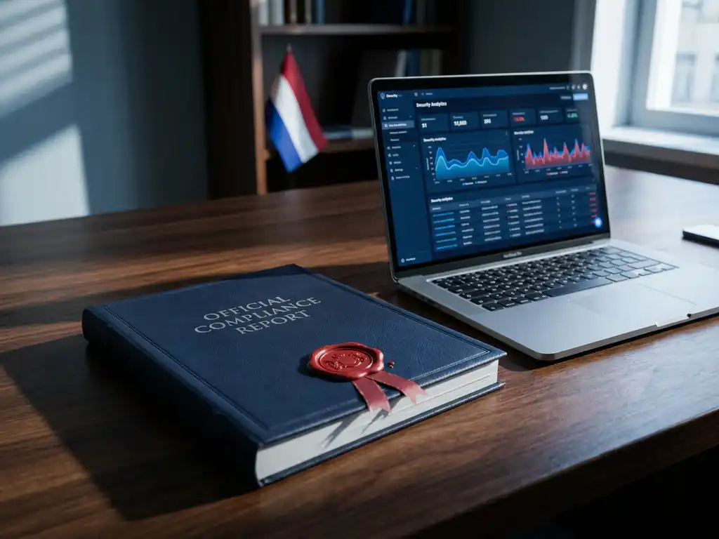 Officieel nalevingsdocument met rood zegel op donker bureau naast laptop met beveiligingsdashboard, Nederlandse vlag op achtergrond.