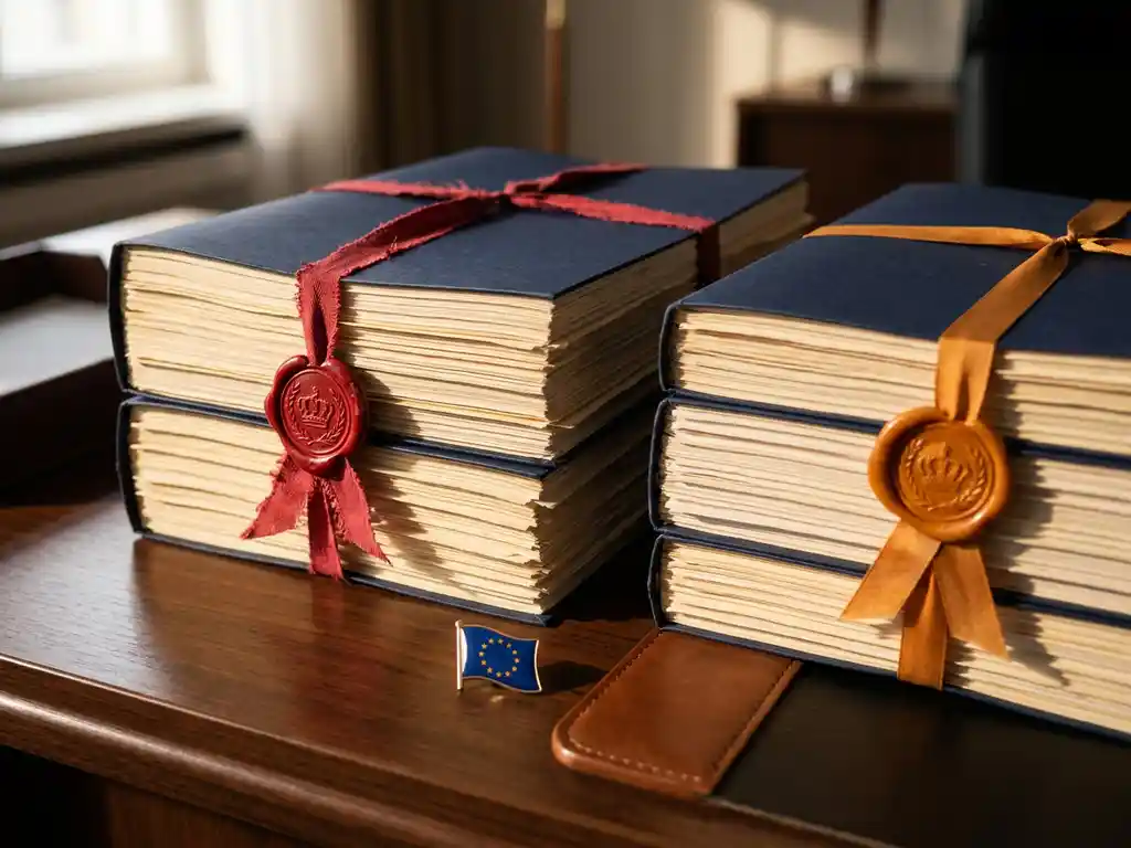 Twee stapels overheidsdossiers met officiële zegels in rood en amber op een donker bureau, met een EU-vlagspeld ernaast.