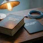 Compliance-handboek en digitaal beveiligingsauditrapport naast elkaar op donker bureau, verlicht door warm amberkleurig bureaulampje.