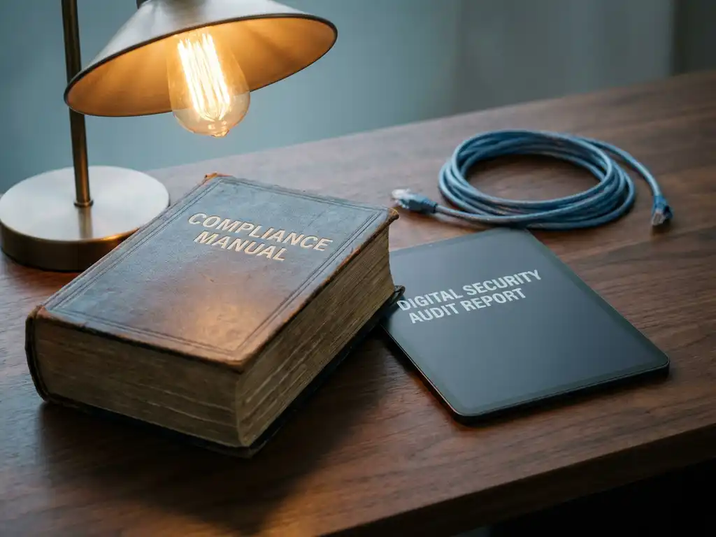 Compliance-handboek en digitaal beveiligingsauditrapport naast elkaar op donker bureau, verlicht door warm amberkleurig bureaulampje.