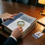Compliance document open op vergadertafel met vergrootglas op regelgevingstekst, laptop en bedrijfspas op de achtergrond.