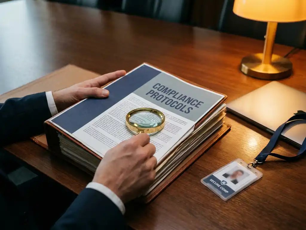 Compliance document open op vergadertafel met vergrootglas op regelgevingstekst, laptop en bedrijfspas op de achtergrond.
